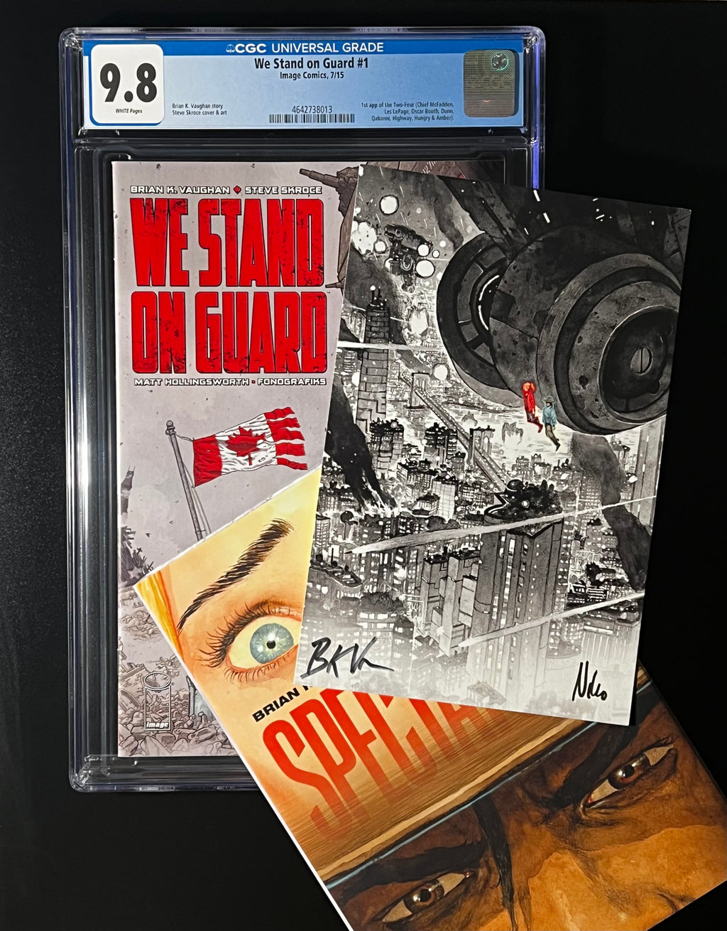 Brian K. Vaughan Collector Set - We Stand on Guard #1 CGC 9.8 WP & Image Trade Paper Back "Spectators" w/ 2x signed Bookplate