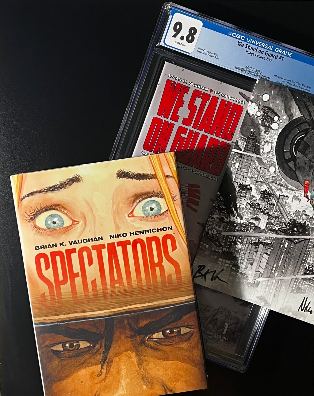 Brian K. Vaughan Collector Set - We Stand on Guard #1 CGC 9.8 WP & Image Trade Paper Back "Spectators" w/ 2x signed Bookplate