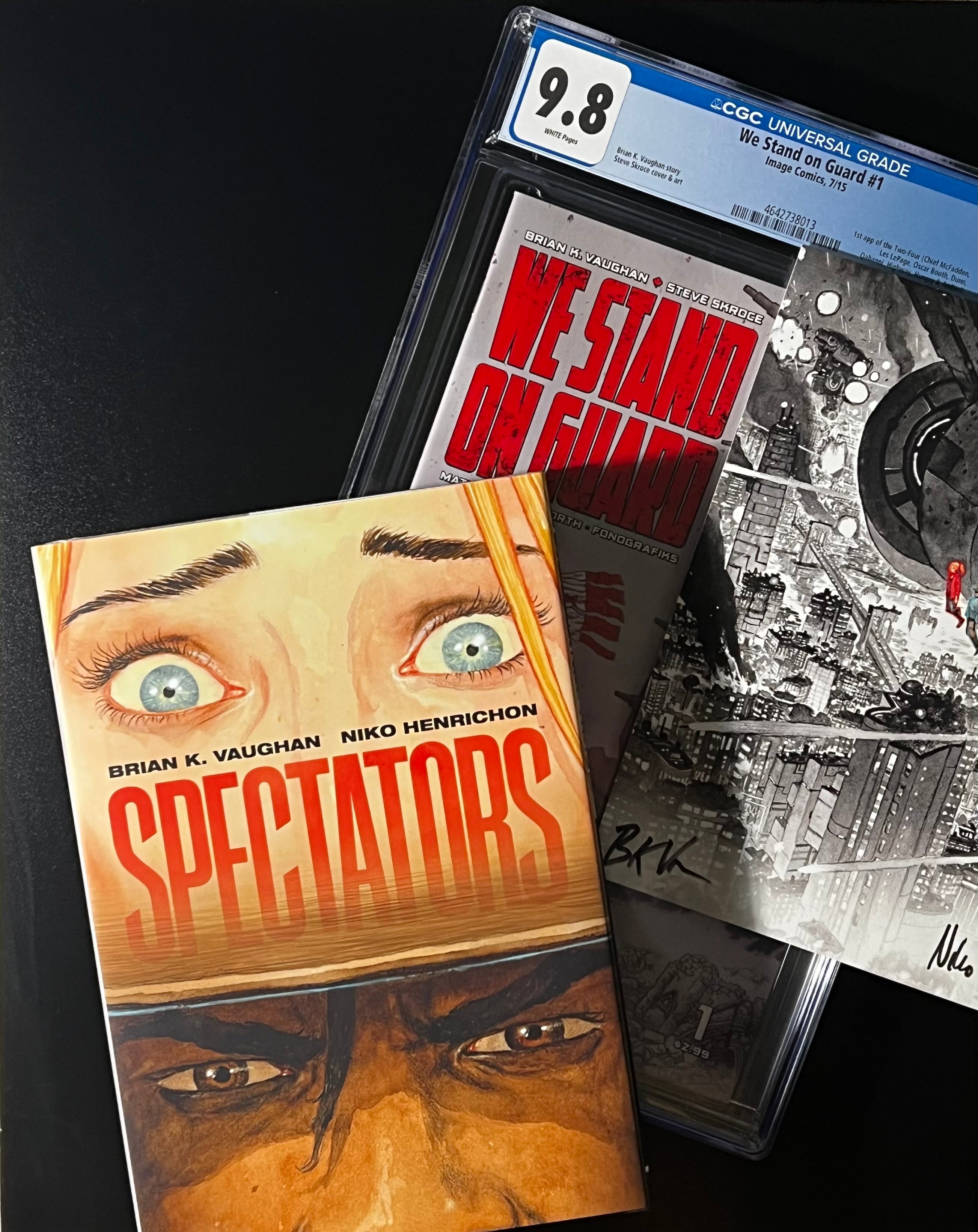 Brian K. Vaughan Collector Set - We Stand on Guard #1 CGC 9.8 WP & Image Trade Paper Back "Spectators" w/ 2x signed Bookplate