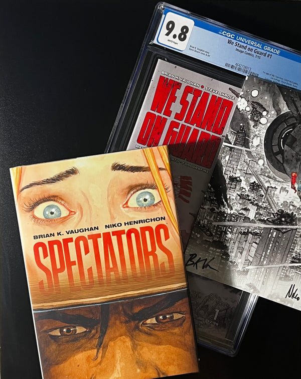 Brian K. Vaughan Collector Set - We Stand on Guard #1 CGC 9.8 WP & Image Trade Paper Back "Spectators" w/ 2x signed Bookplate